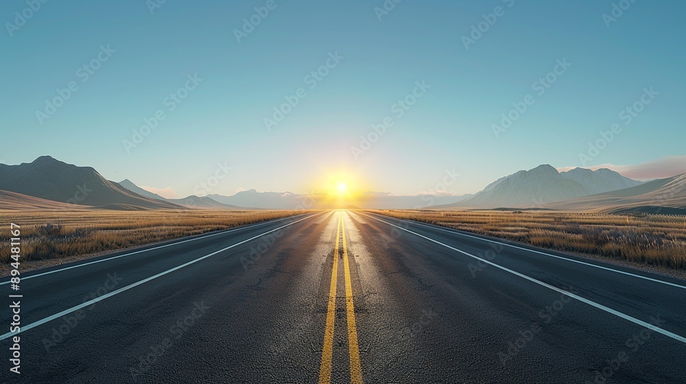 Fototapeta premium Empty road leading towards the sun rising over a mountain range. A concept of hope and new beginnings.