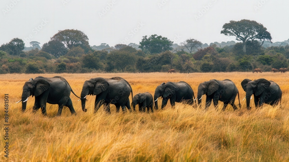 Herd of Elephants Walking Through the Savannah Herd of Elephants Walking Through the Savannah