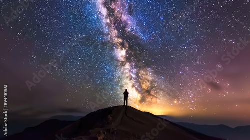 Silhouette of a person stargazing from a hilltop, the Milky Way sprawling across the night sky