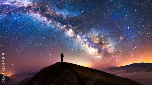 Silhouette of a person stargazing from a hilltop, the Milky Way sprawling across the night sky