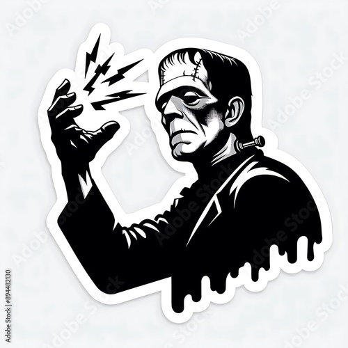 Black and white Frankenstein monster in suit raising hand and lightning. Halloween sticker with white border isolated on white background. Horror and monster stickers concept