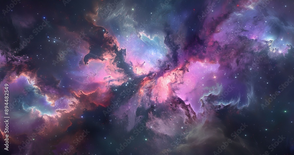 Vibrant Nebula in Space with Stars and Galaxies, Deep Purples to Bright Blues and Reds, Ethereal Atmosphere, Bright Star Cluster Vibrant Nebula in Space with Stars and Galaxies, Deep Purples to Bright Blues and Reds, Ethereal Atmosphere, Bright Star Cluster