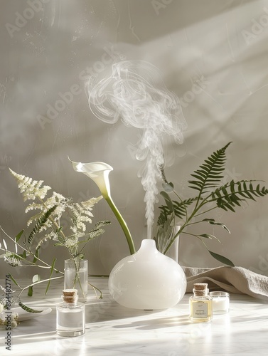 Diffuseur en verre avec plantes vertes et huiles essentielles