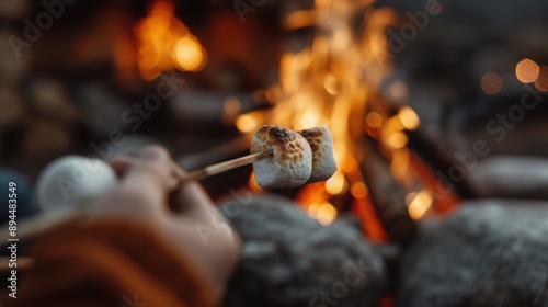 A close-up of hands holding sticks with marshmallows being roasted over a campfire, capturing the warmth and enjoyment of a traditional outdoor activity under the night sky.