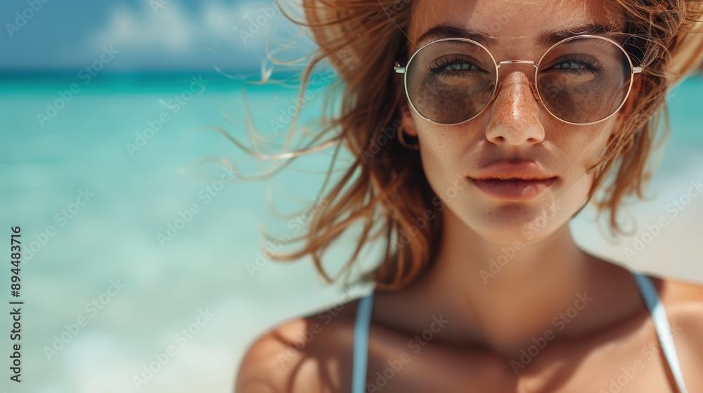 A woman wearing sunglasses and a hat on a tropical beach, with the blue ocean in the background, reflecting a sense of relaxation, leisure, and the enjoyment of a sunny vacation. A woman wearing sunglasses and a hat on a tropical beach, with the blue ocean in the background, reflecting a sense of relaxation, leisure, and the enjoyment of a sunny vacation.