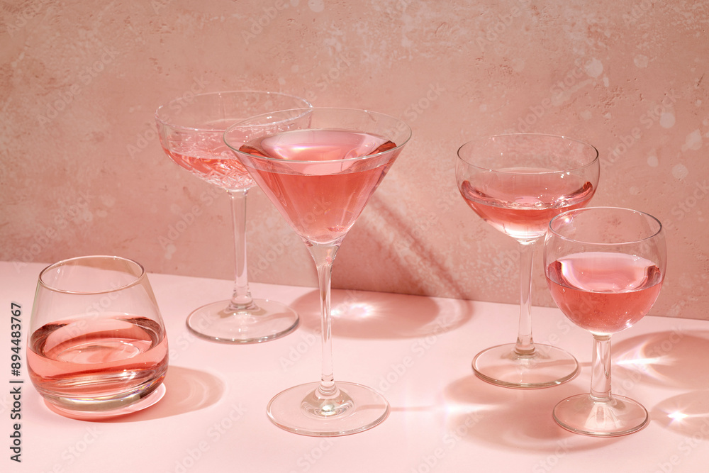 various glasses of pink drink various glasses of pink drink