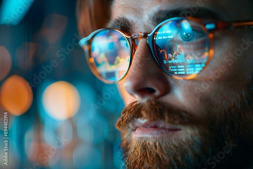 Close-up of futuristic holographic screens displaying financial graphs and data analytics, with beautiful persons wearing eyeglasses and a well-groomed beard. photo