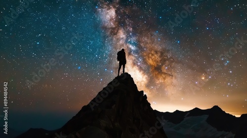 Silhouette of a hiker on a mountain peak under a star-filled sky, the Milky Way sprawling above