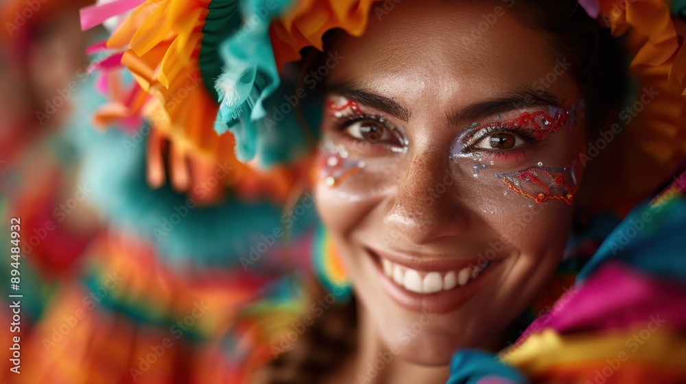 A person dressed in a colorful festival costume, smiling with detailed face paint design, showcasing the vibrant and celebratory spirit of the festival, filled with joy and excitement. A person dressed in a colorful festival costume, smiling with detailed face paint design, showcasing the vibrant and celebratory spirit of the festival, filled with joy and excitement.