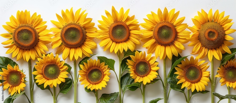 A Row of Sunflowers on a White Background A Row of Sunflowers on a White Background
