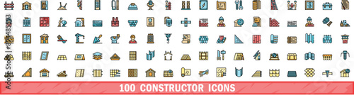 100 constructor icons set. Color line set of constructor vector icons thin line color flat on white