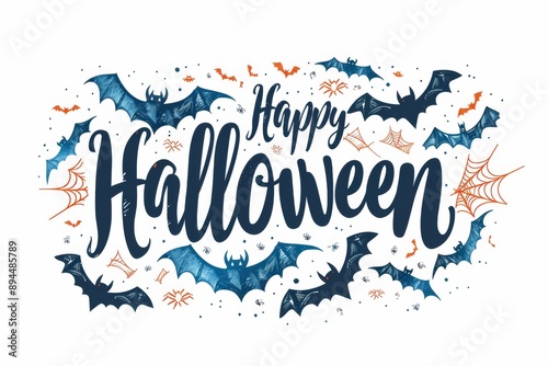 "Happy halloween" with bats and spider web isolated on white background