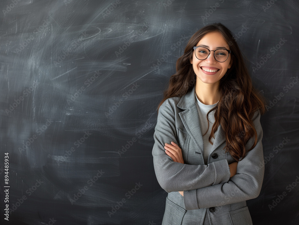 Smile woman teacher standing with empty blackboard. Smile woman teacher standing with empty blackboard.