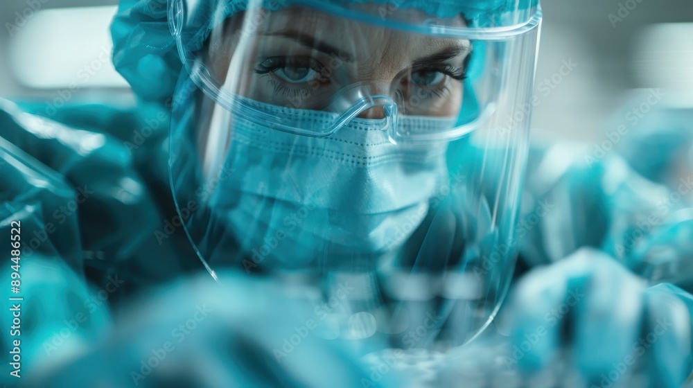Intimate perspective on laboratory safety gear including plastic shield, emphasizing the importance of protection and hygiene within a sterile environment. Intimate perspective on laboratory safety gear including plastic shield, emphasizing the importance of protection and hygiene within a sterile environment.