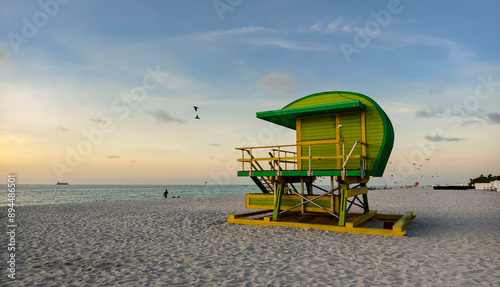 Photos Miami Beach, Florida - July 05, 2024: Lifeguard tower on Miami Beach during a be