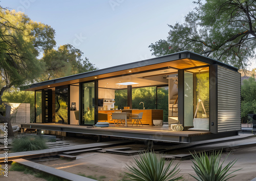 a modern modular home constructed from shipping containers, mobile,  house, captivating,  Shipping Container Tiny Home, steel containers, supreme quality, superior lighting