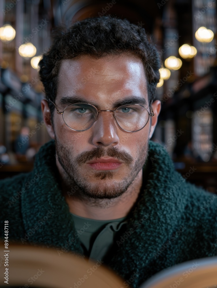 Thoughtful man with glasses and beard in cozy sweater Thoughtful man with glasses and beard in cozy sweater