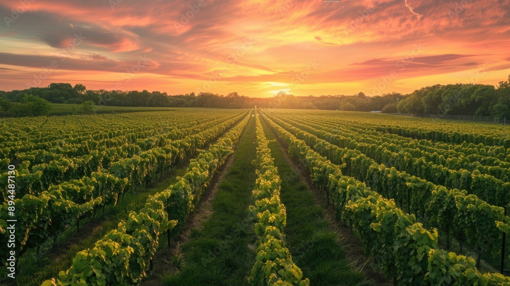 Neatly aligned rows of crops with a vibrant sunset in the background Neatly aligned rows of crops with a vibrant sunset in the background