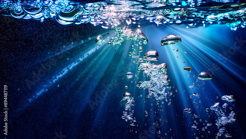 Firefly Bioluminescent underwater scene with an air bubbles and neon lights; water texture imitation