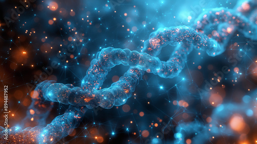 Science wallpaper featuring a DNA helix and genetic cell structures, with a blue background and abstract molecular designs, emphasizing biotechnology, medical research, and futuristic technology.