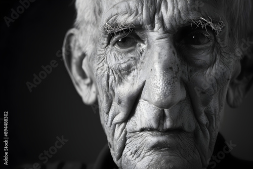 Minimalist monochrome portrait of an elderly man with deep wrinkles.


