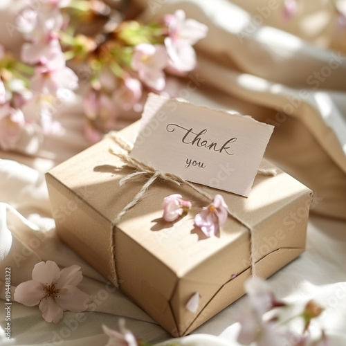 Heartfelt thank you note resting on a kraft paper gift box adorned with cherry blossoms, capturing a moment of gratitude and appreciation with a soft and elegant aesthetic. photo