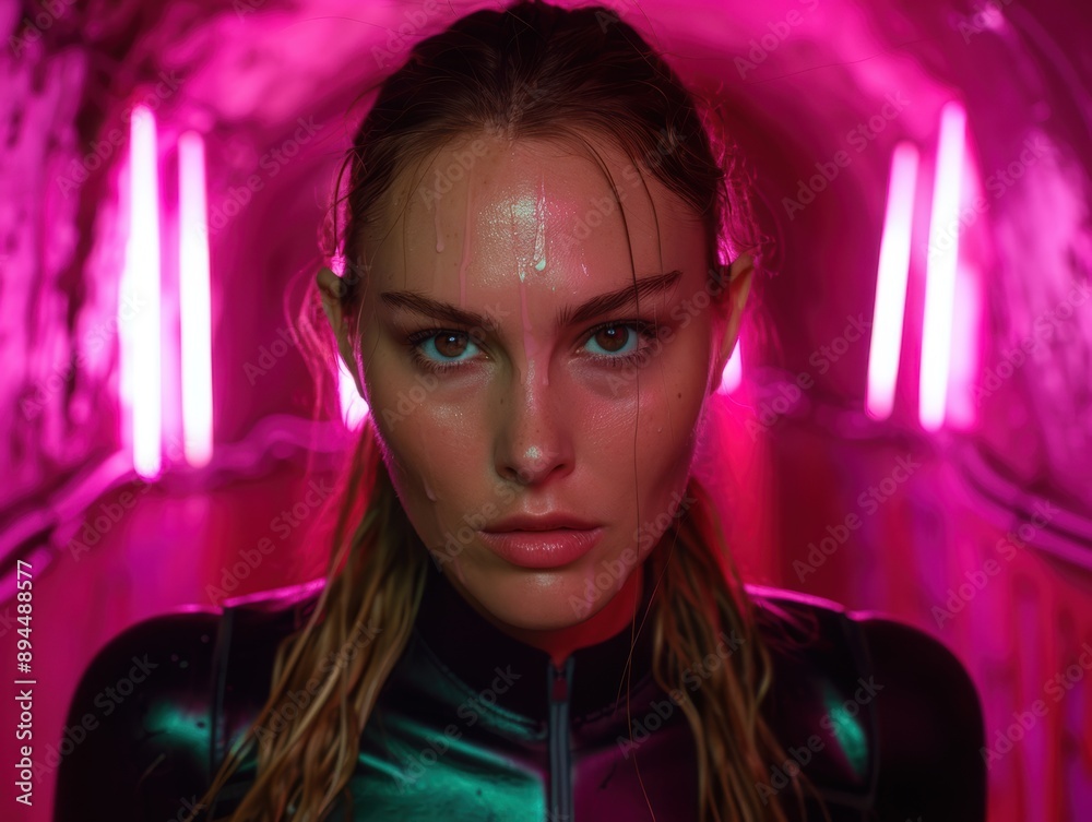 Intense portrait of woman in pink lighting Intense portrait of woman in pink lighting