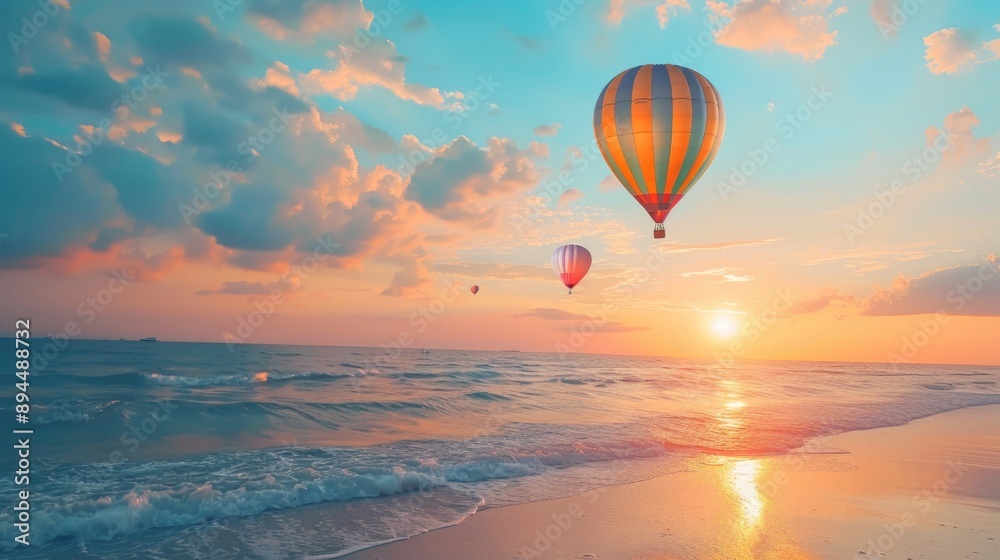 Colorful hot air balloons flying over the sea Colorful hot air balloons flying over the sea