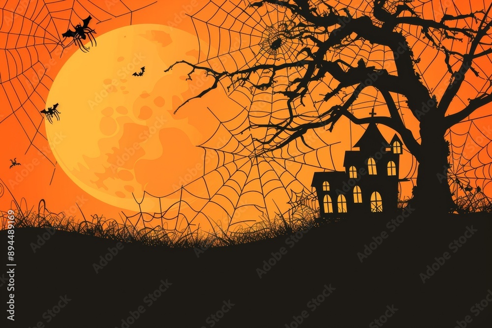Halloween background with spooky house, spider web and pumpkins on orange sky with sun Halloween background with spooky house, spider web and pumpkins on orange sky with sun
