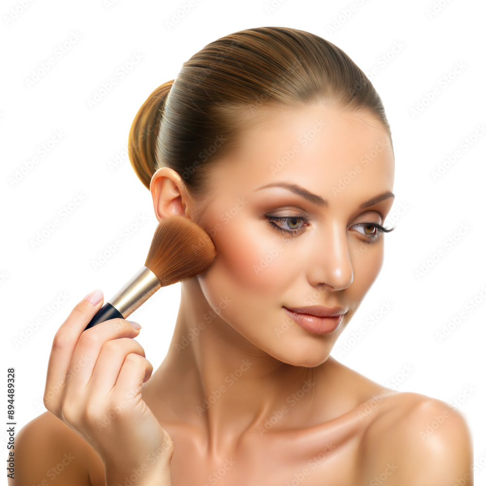 Woman applying makeup with a brush, focusing on her forehead Woman applying makeup with a brush, focusing on her forehead