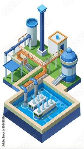 3d rendering of low poly water treatment plant infrastructure with water channel and related facilities.