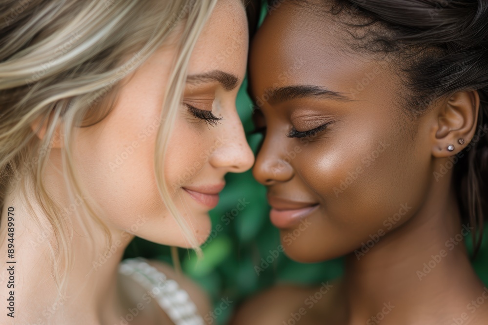 two smiling women with different skin tones two smiling women with different skin tones