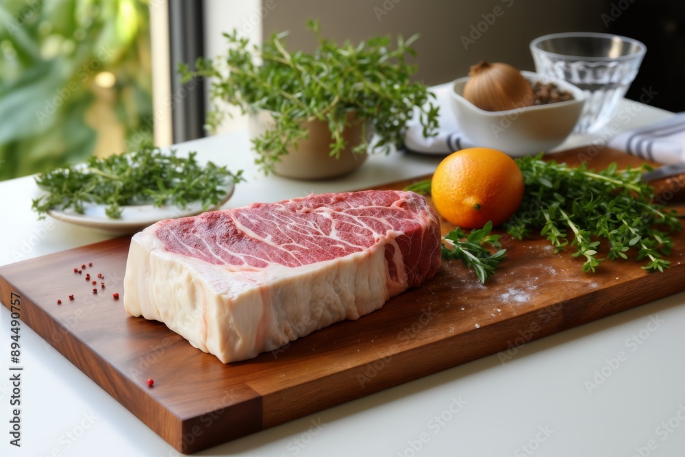 raw marbled meat and vegetables and herbs on a wooden board, delicious food raw marbled meat and vegetables and herbs on a wooden board, delicious food