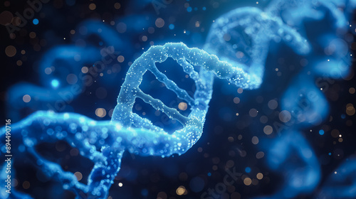 Futuristic digital background with DNA helix and gene structures, highlighting genetic research, biotechnology, and medical biology in a blue 3D theme.