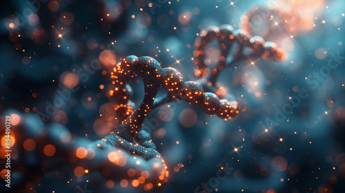 Futuristic digital background with DNA helix and gene structures, highlighting genetic research, biotechnology, and medical biology in a blue 3D theme.