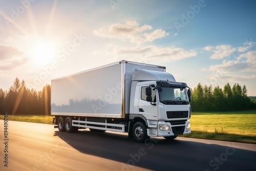 A white truck is driving on the road against the background of a summer landscape