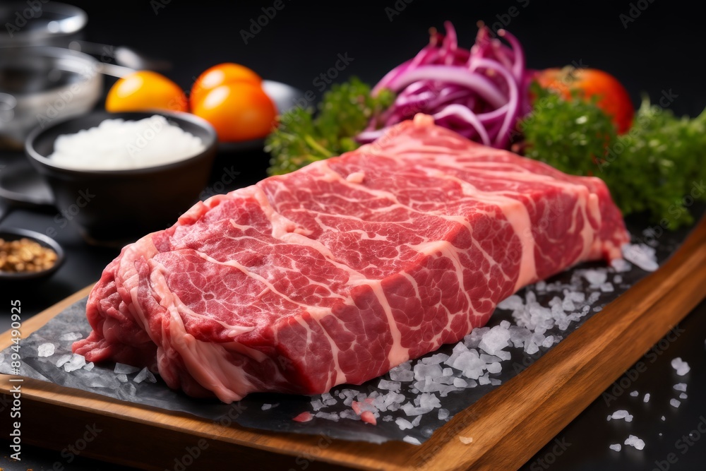 raw sliced meat and vegetables and herbs on a wooden board, delicious food raw sliced meat and vegetables and herbs on a wooden board, delicious food