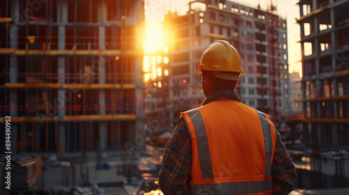 A civil engineer stands looking at the construction site