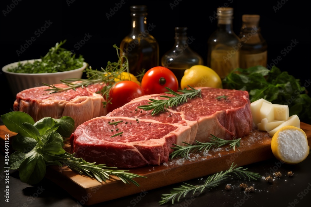 raw sliced meat and vegetables and herbs on a wooden board, delicious food raw sliced meat and vegetables and herbs on a wooden board, delicious food