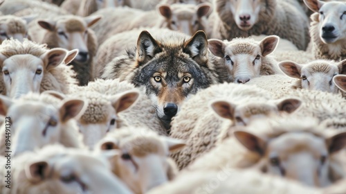 A wolf hiding among a flock of sheep, leading the way or waiting for the right moment to act - Concept of identity and difference, of being unique among others, or metaphor for hidden risk and danger photo