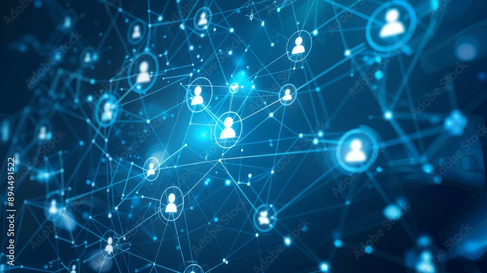 Abstract blue background with icons of people in circles and lines, representing a network connection or social media technology concept Abstract blue background with icons of people in circles and lines, representing a network connection or social media technology concept