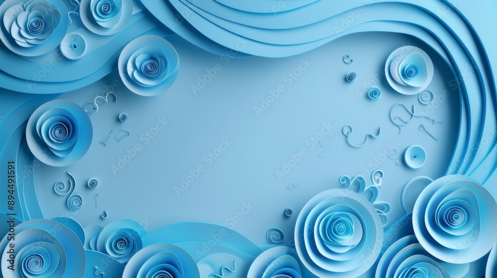 Elegant 3D Paper Craft Doodles on Fresh Blue Gradient Background - Top View Clean Backdrop for Design Elegant 3D Paper Craft Doodles on Fresh Blue Gradient Background - Top View Clean Backdrop for Design