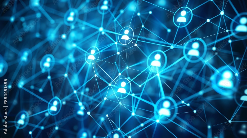 Abstract blue background with icons of people in circles and lines, representing a network connection or social media technology concept Abstract blue background with icons of people in circles and lines, representing a network connection or social media technology concept
