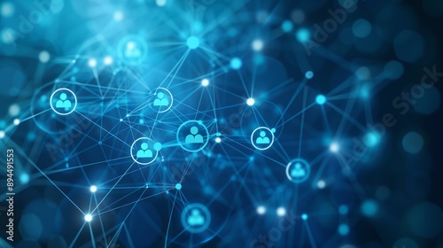 Abstract blue background with icons of people in circles and lines, representing a network connection or social media technology concept