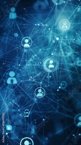 Abstract blue background with icons of people in circles and lines, representing a network connection or social media technology concept