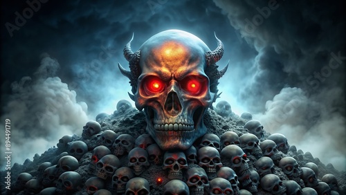 Ominous evil demon skull with glowing red eyes sits atop a mountain of skulls on a dark, misty, and eerie black background with subtle gradient. photo