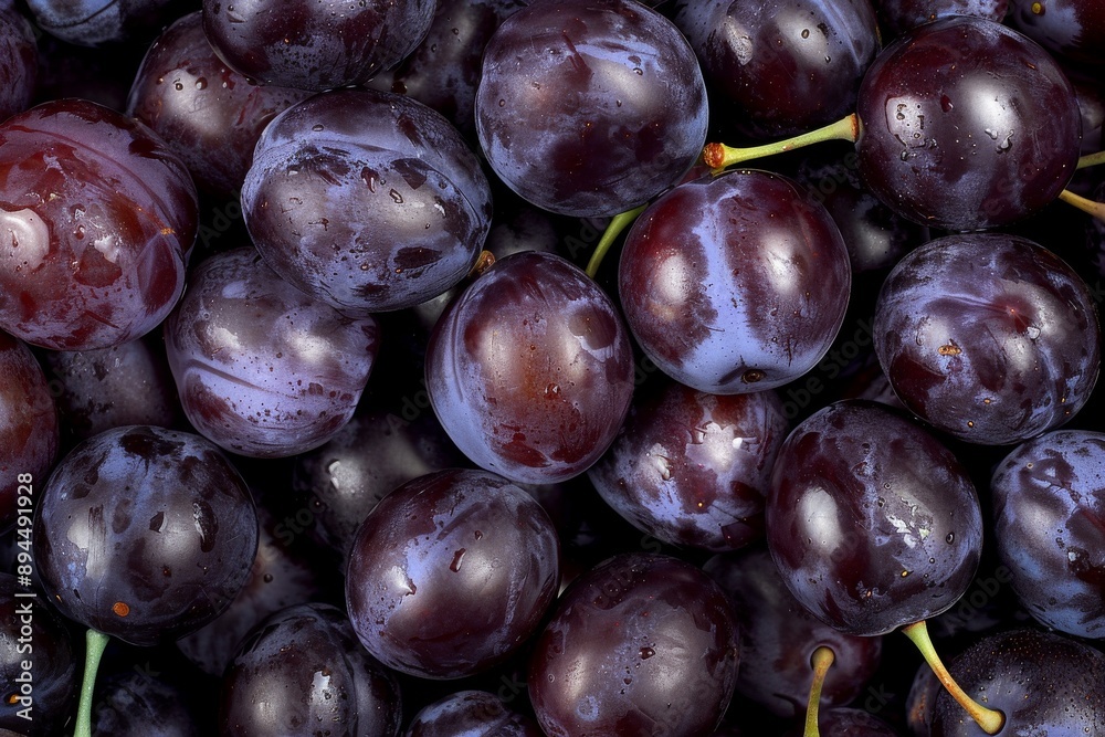 Fototapeta premium Fresh ripe damson plums rotating close-up top view.. Beautiful simple AI generated image in 4K, unique.