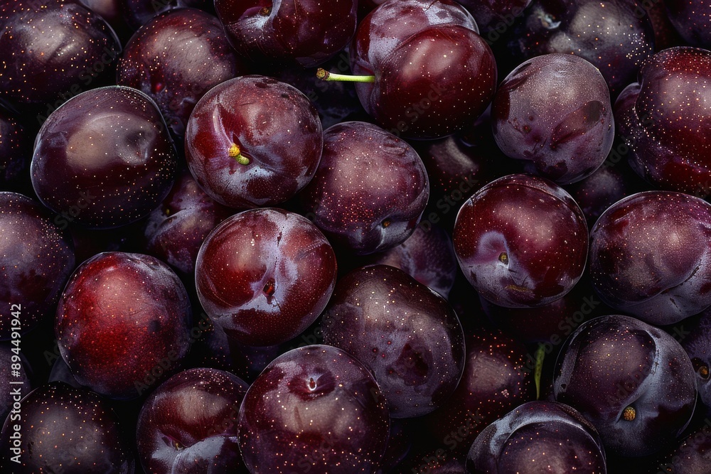 Fototapeta premium Fresh Plums with Droplets of Water and Leafs, Top-View Close-Up Background. Beautiful simple AI generated image in 4K, unique.
