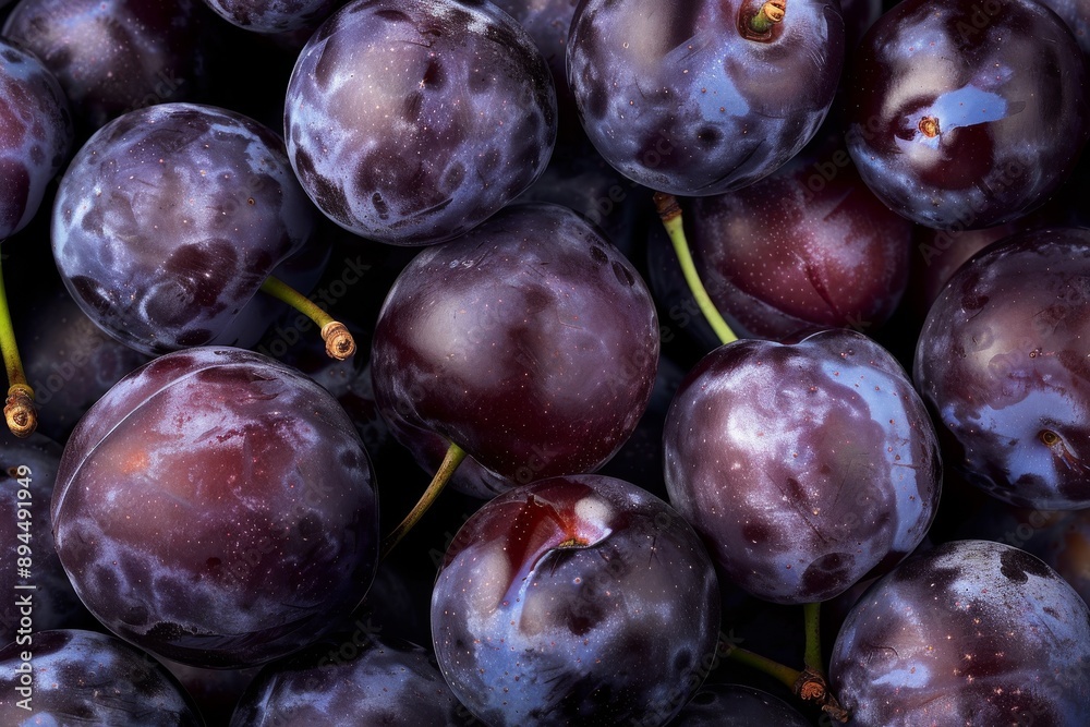Fototapeta premium Fresh Plums with Droplets of Water and Leafs, Top-View Close-Up Background. Beautiful simple AI generated image in 4K, unique.