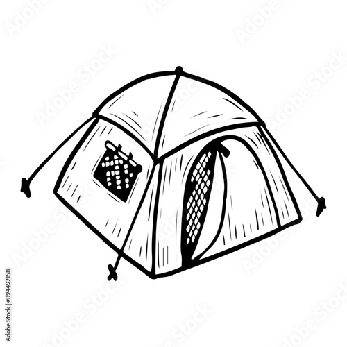 Camping tent hand drawn in doodle style. Tourist folding house for overnight stay in the forest mountains. Tent camp. Protection from rain and cold. Vector line art illustration.